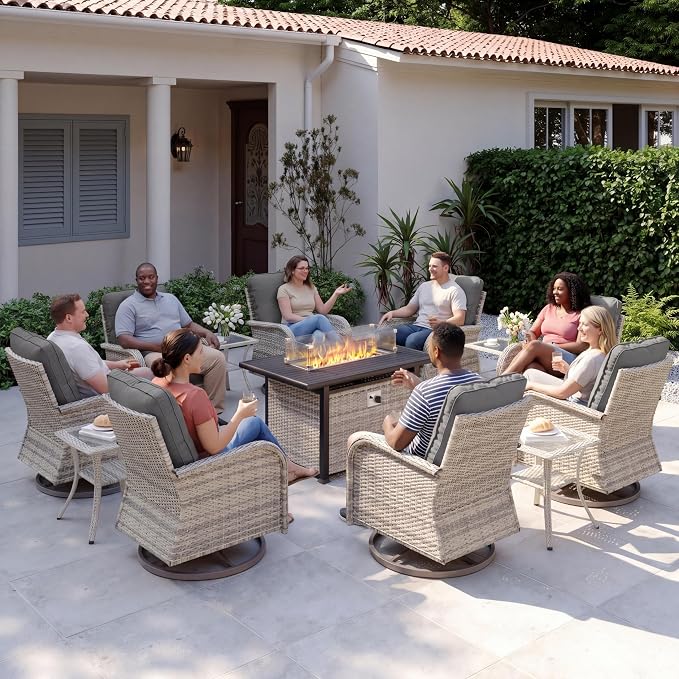 13Pcs Patio Rocking Swivel Chair with 55,000 BTU Fire Pit Table Outdoor Wicker Rattan Bistro Set with Tempered Glass Side Table, Outdoor Patio Furniture Set for Garden and Balcony, Grey