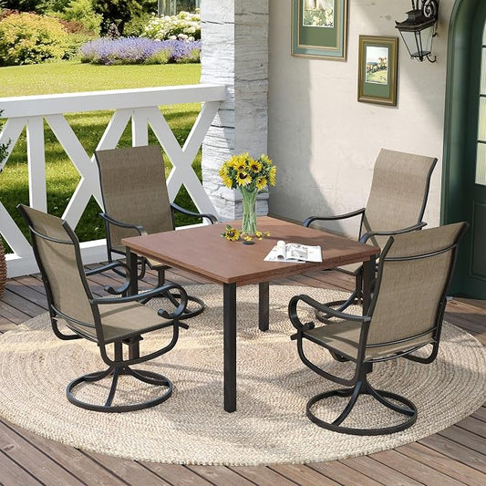 DIFY 5 Pieces Patio Dining Set, 40.2" Walnut Square Dining Table with Umbrella Hole and 4 Black Swivel Patio Chairs, All Weather Metal Outdoor Dining Furniture Set for Lawn Garden Balcony