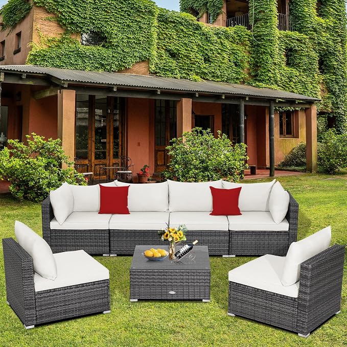 DORTALA 7 Pieces PE Rattan Patio Furniture Set, All-Weather Wicker Conversation Set W/Soft Cushions & Pillows, Coffee Table, Outdoor Sectional Sofa Set for Balcony, Poolside, Backyard, White
