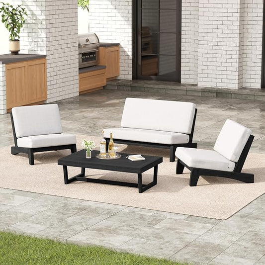 4 Pieces Patio Furniture Sets, All-Weather Outdoor Wood Bistro Set Patio Conversation Coffee Table Chiars and Patio Loveseat for Balcony, Backyard