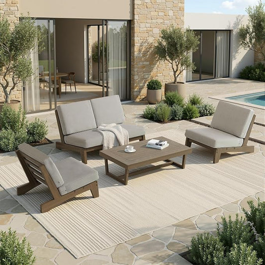 All Weather Patio Furniture Sets, 4 Pieces Teak Wood Outdoor Sectional Futniture Patio Sofa Chair Backyard Conversation Set with Solid Wooden Coffee Table - Light Camel