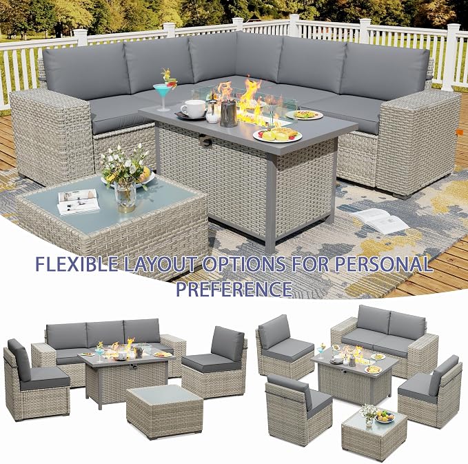 7 Piece Patio Furniture Set with 50,000 BTU Rattan Fire Pit Table that Converts to Coffee Table, 9.8" Wide Arm Sectional Sofa with Storage Armrests, Outdoor Rattan Conversation Set, Grey