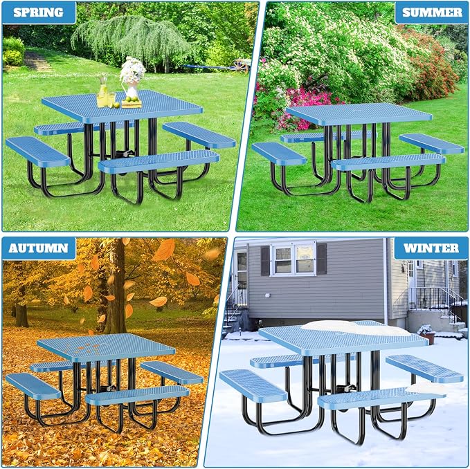 Ceridwen Heavy Duty Picnic Table with 4 Benches, Expanded Metal Steel Mesh Outdoor Patio Dining Table Bench Set with Umbrella Hole,Outdoor Patio Dining Table for Garden (Square, Blue, 46FT)