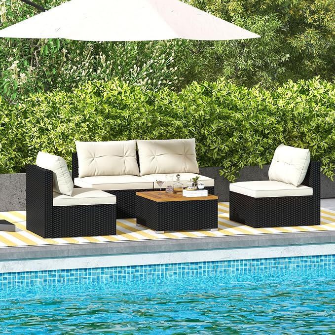 Tangkula 5 Pieces Wicker Patio Furniture Set, Outdoor 4 Armless Rattan Sofa & Coffee Table Set, with Cushions, Acacia Wood Tabletop, Sectional Patio Conversation Set for Lawn, Yard, Poolside