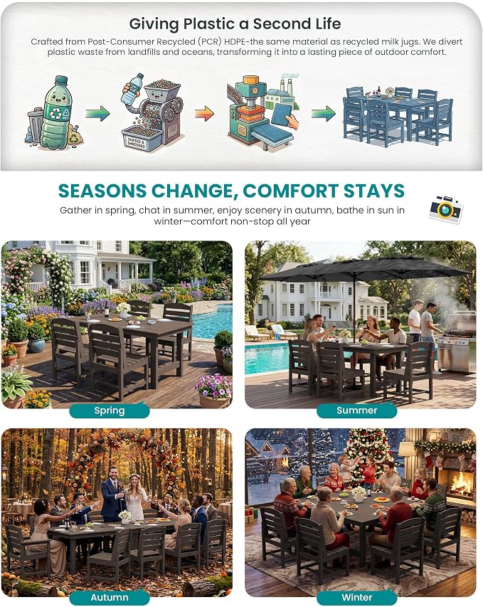 SERWALL 7-Pc HDPE Patio Dining Set, 1 Table & 6 Armless Chairs, Coffee | HDPE Outdoor Dining Set with Rectangular Table & 6 Armless Chairs, All-Weather Resistant SERWALL Dining Set for 6