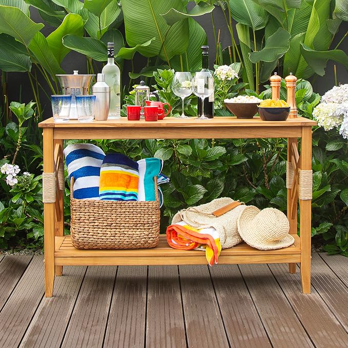 Cambridge Casual Sierra Teak Wood Outdoor Console Table with Accent Wicker, Natural Teak, Narrow Garden Table with Bottom Shelf for Patio, Deck, Entry Way or Poolside – Weather-Resistant