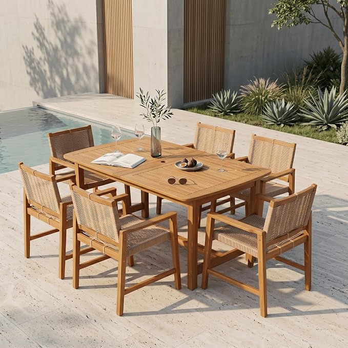 NTC Flexa Extendable Outdoor Dining Table, 63"–94.5" Solid Wood Patio Table for Patio Dining Sets with 6 Luno Chairs Weather Resistant, Easy Assembly, Natural