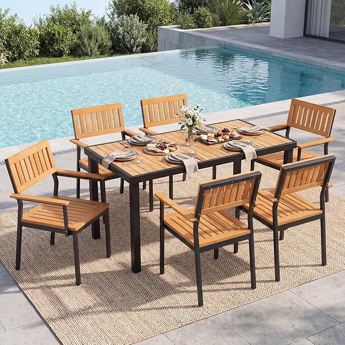 Tangkula 58" Rectangular Patio Dining Table for 6, Acacia Wood Outdoor Table with Slatted Top, 1.97" Umbrella Hole and Heavy Duty Metal Frame, Outside Table for Porch, Garden, Yard, Deck and Poolside