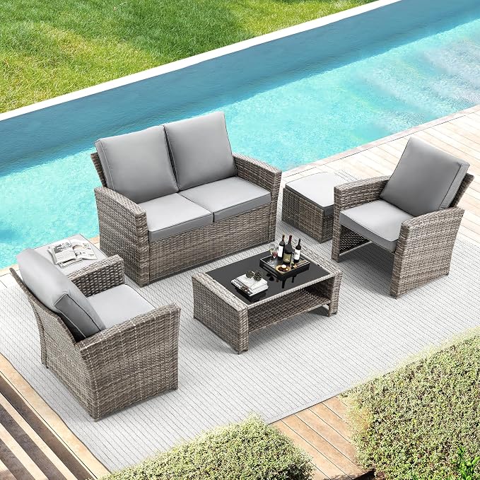 HOMREST 6 Pieces Outdoor Patio Furniture Set with Coffee Table, Patio Conversation Set with Ottoman with Storage, Outdoor Sofa for Garden, Porch, Deck, Backyard (Grey)
