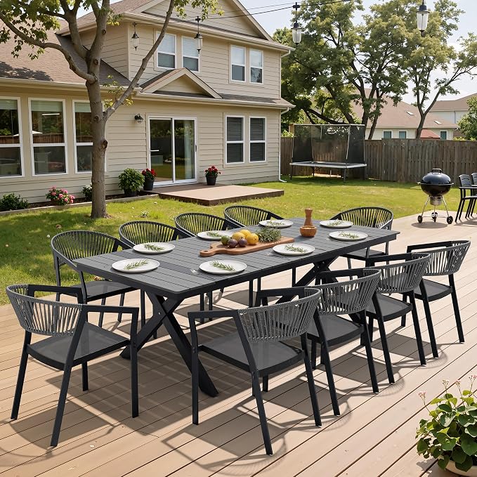 Pellebant Aluminum 11-Piece Outdoor Dining Table Set for 8-10 Person | Patio Stackable Chair with U-Shaped Wicker Backrest, 94" Table with Wood-Grain Top & Umbrella Hole, Aluminum Frame Furniture
