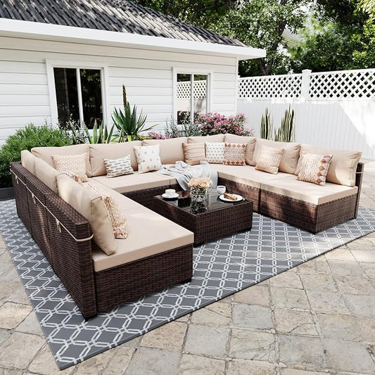 UPHA 9 Pieces Patio Furniture Sets, Wicker Outdoor Sectional Sofa Couch with Coffee Table, Patio Conversation Set for Deck Backyard Garden, Brown Rattan, Beige Cushion