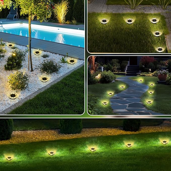 INCX 16Pack Solar Ground Lights Outdoor, 8 LED, IP65 Waterproof, Warm White | 600mAh Ni-MH battery, 8-10h runtime, stainless steel, ABS and PP body, solar garden lights for pathways, lawns and driveways
