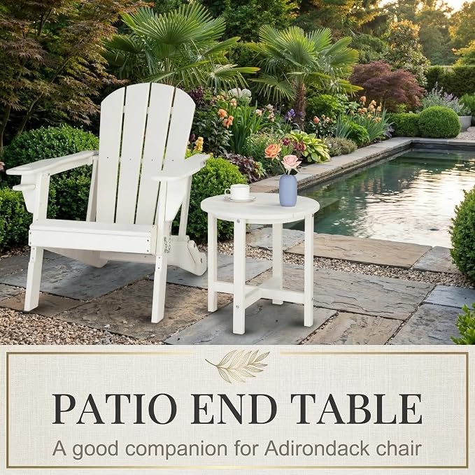 18 Inch Round HDPE Side Table, All-Weather Outdoor End Table for Adirondack Chairs, Waterproof and UV Resistant Plastic Patio Side Table for Garden, Backyard, Poolside, White