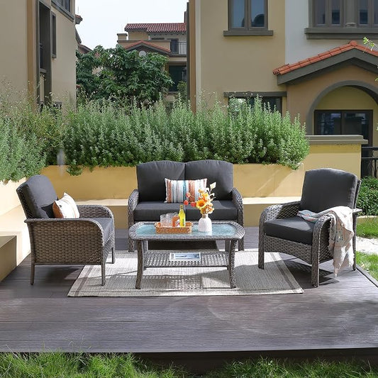 CAODOC 4-Piece Wicker Patio Furniture Set, All-Weather Rattan Conversation Bistro Loveseat Chair and Table Set for Backyard, Balcony and Deck with Soft Cushions and Metal Table(Black)