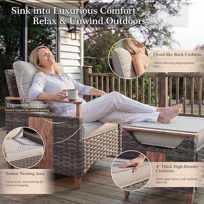 NestNook 6 Pieces Patio Furniture Set, Outdoor Conversation Set with All-Weather Handwoven PE Wicker Sofa, Rattan Chairs and Thick Cushion, Coffee Table & Ottoman for Backyard, Deck & Poolside, Beige
