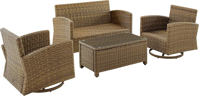 Crosley Furniture Bradenton 4-Piece Wicker Outdoor Loveseat and Swivel Rocker Patio Furniture Set for Porch, Brown with Navy Cushions