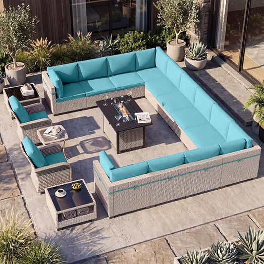 Patio Furniture Set, 18-Piece Outdoor Sectional Sofa with Swivel Rocker Chairs & Fire Pit Table, Wicker Patio Conversation Set with Coffee Table, Cyan Cushions