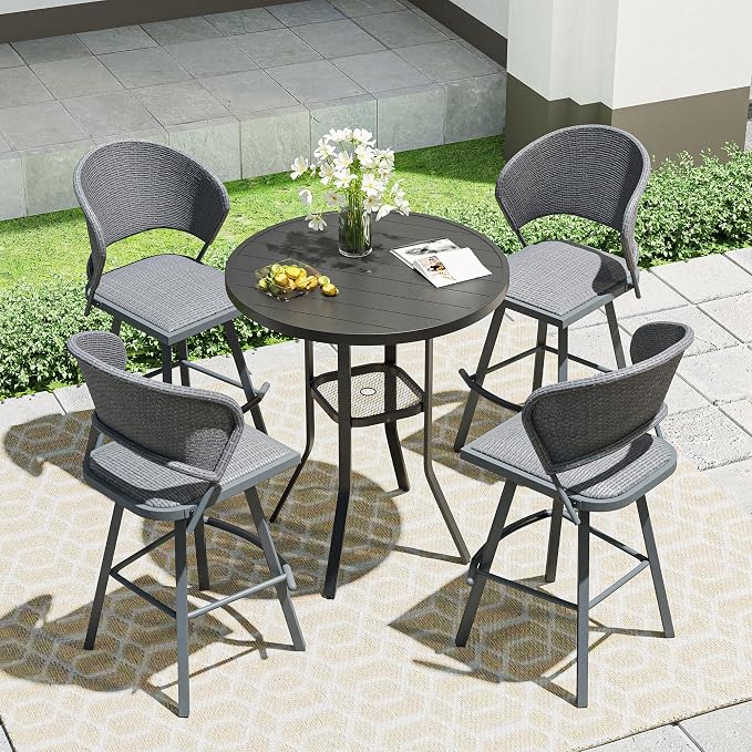 VICLLAX Outdoor Bar Table, 35.4" Wide Round Patio Bar-Height Table Metal Slatted Tabletop with Umbrella Hole for Balcony Front Porch Deck, Black