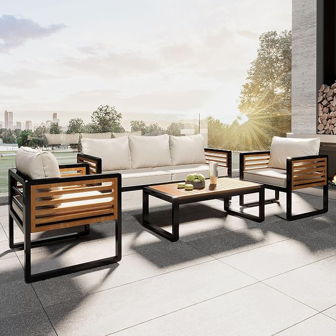 SOFTSEA 4-Piece Patio Acacia Wood Sofa Set, Outdoor Conversation Set with Heavy Duty Metal Frame & All Weather Cushions, Acacia Wood Sofa Set with Coffee Table for Balcony, Poolside, Beige