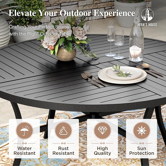 HERA'S HOUSE Outdoor Dining Set for 6, Patio Dining Furniture Set with 6 Patio Chairs, 54" Round Metal Table with Umbrella Hole, Patio Table and Chairs for Backyard Garden, Blue