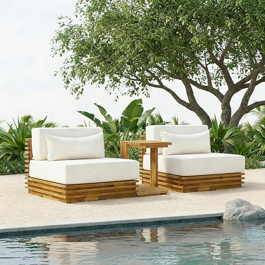 Christopher Knight Home Oversized Outdoor 3 Piece Chat Set Acacia Wood Patio Furniture Set with Two Club Chairs and Side Table Water Repellent Cushions Deep Seat Patio Conversation Set,Beige