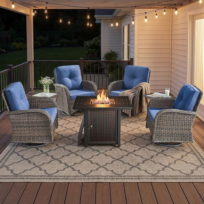 7 Piece Patio Furniture Set with Fire Pit Table - Wicker Patio Conversation Set with 4 Swivel Glider Chairs and 2 Tempered Glass Side Tables for Deck Backyard - Brown Wicker Blue Cushion