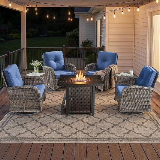 7 Piece Patio Furniture Set with Fire Pit Table - Wicker Patio Conversation Set with 4 Swivel Glider Chairs and 2 Tempered Glass Side Tables for Deck Backyard - Brown Wicker Blue Cushion