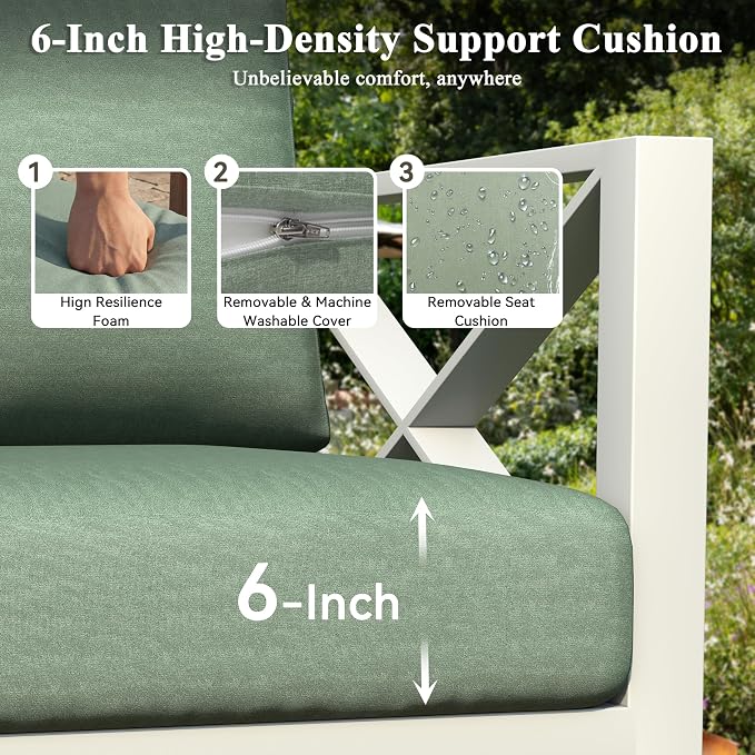 2 Piece Aluminum Patio Furniture Set, Modern Outdoor Patio Conversation Sets with Ergonomic Armhairs, 6" Thick Washable Cushions for Balcony, Porch, Backyard,White