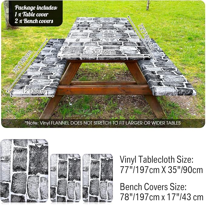 Boao 3 Pcs Vinyl Picnic Table Cover with Bench Cover 6 ft 30 x 72 Inch Waterproof Fitted Tablecloth Flannel Backing Rectangular Elastic Edged for Camping Outdoor Patio Travel(Brick)
