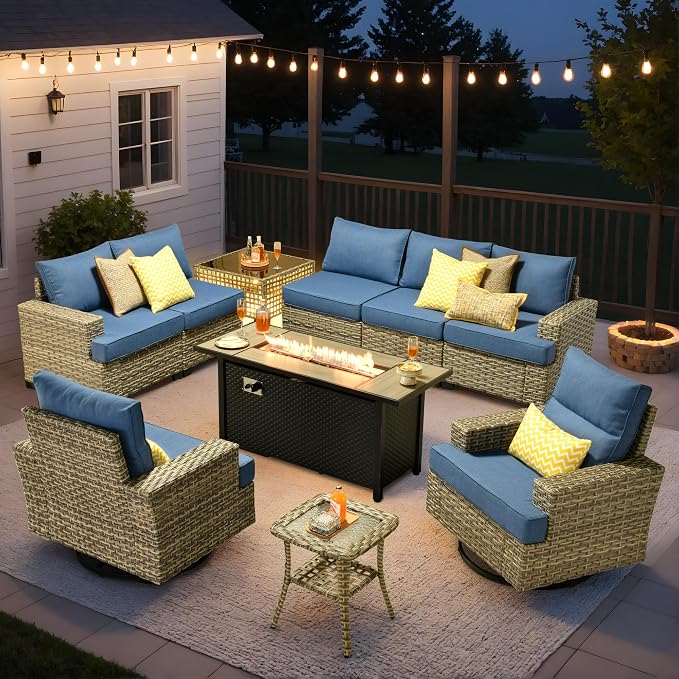 10 Pcs Outdoor Sectional Patio Furniture Set with Fire Pit Table and Swivel Rocking Chairs - All Weather Wicker Modular Outside Sectional Couch,Patio Seating Outdoor Conversation Sets,Blue