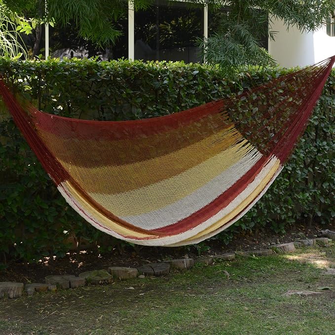 NOVICA Brown Burgundy White Yellow Striped Cotton Hand Woven Mayan Rope 2 Person XL Hammock, 'Loreto' (Double)
