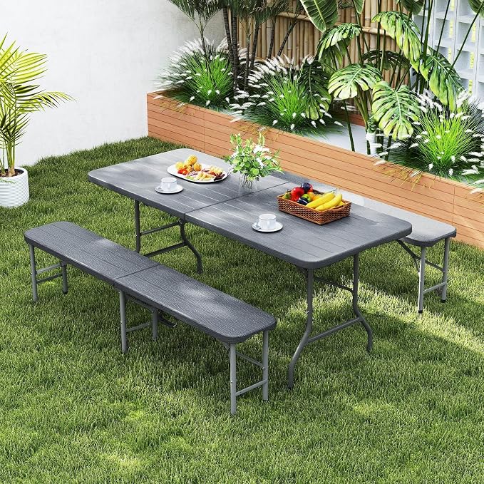 Goplus 6 FT 3-Piece Portable Picnic Table Bench Set, HDPE Wood-Like Plastic Folding Picnic Tables with Benches, Foldable Patio Camping Beer Table, Indoor & Outdoor Folding Table and Chairs