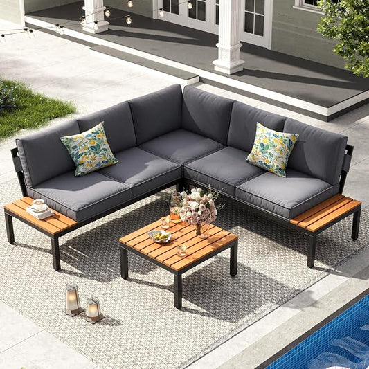 JOYURE 4-Piece Patio Furniture Set,Metal Outdoor Sectional Sofa with Fauxwood Tables &Adjustable Reclining Chair,Patio Modular L Shaped Sofa with Thick Cushions for Backyard,Deck,Balcony,Grey