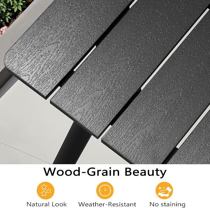 9-Piece Outdoor Dining Set for 8 Person with Black Wood-Grain Top | Armrest Stackable Chairs with 19.4" Seat Depth, Aluminum Frame Dining Furniture with Umbrella Hole for Deck, Porch & Backyard