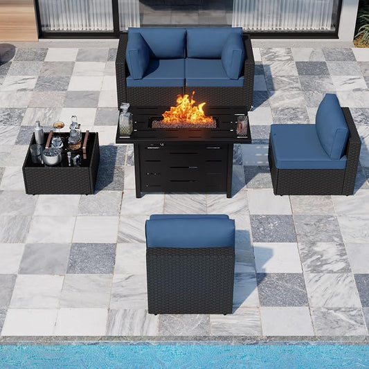 SUNLEI 5 Piece Outdoor Patio Furniture Set with Fire Pit Table, Black PE Rattan Wicker Conversation Sofa Set with Blue Cushions, All Weather Sectional Patio Couch for Backyard, Deck, Garden, Porch