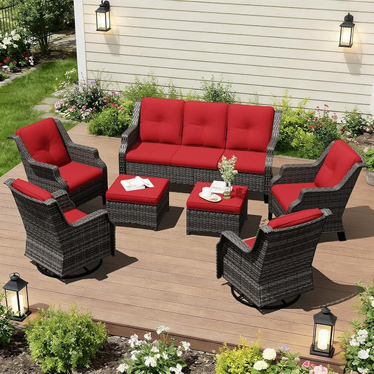 Outdoor Patio Furniture Set, 7 Piece Wicker Patio Furniture with Thick Cushions, Curved Armrest, Deep Seating, Outdoor Swivel Rocker Chairs for Porch, Deck, Balcony