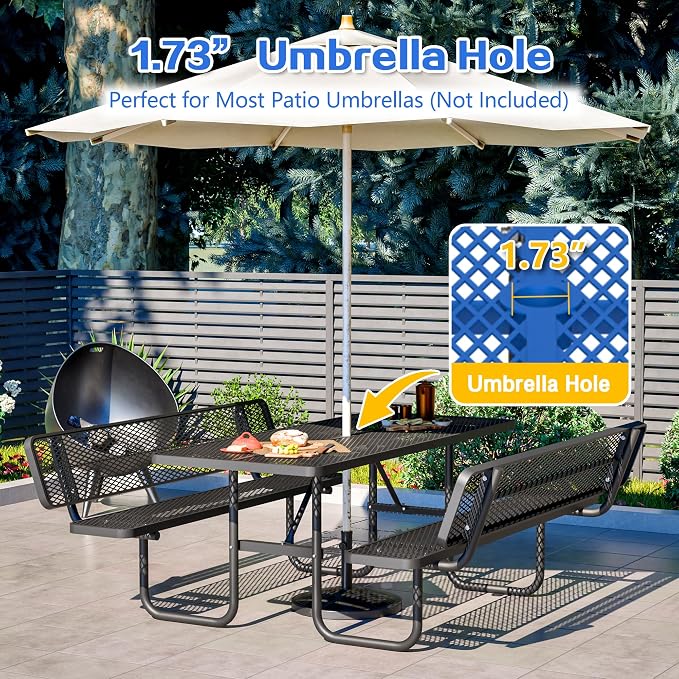 72'' Heavy Duty Outdoor Picnic Table with Backrest - Commercial Grade Rectangular Steel Picnic Table Set, Umbrella Hole, Rust-Resistant Metal Mesh Tabletop for Patio, Garden, Park, BBQ - Blue