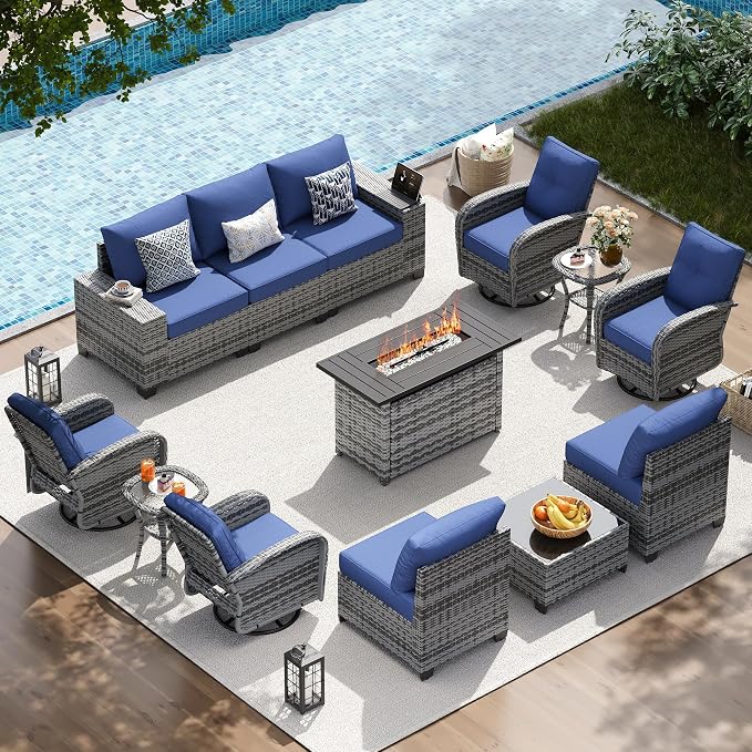 LazySunsets 13 PCS Patio Furniture Set with 44'' Fire Pit Table, Outdoor Sectional All-Weather Wicker Conversation Set with Swivel Rocker Chairs, 4'' Thick Cushions for Backyard Poolside(Navy/Grey)