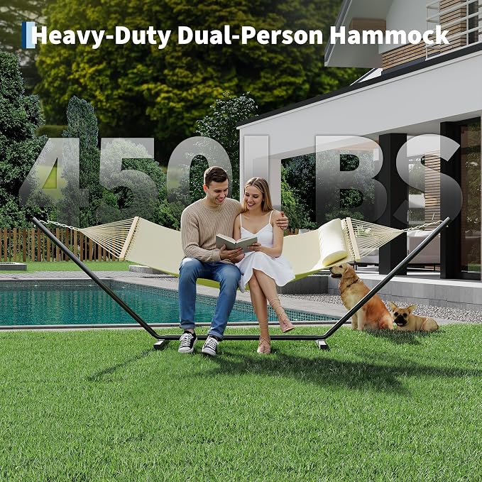 2-Person Hammock with Stand for Outside - Portable Heavy Duty Outdoor Double Hammock - Adjustable Steel Frame, 500 LBS Capacity, for Patio Garden Backyard & Beach