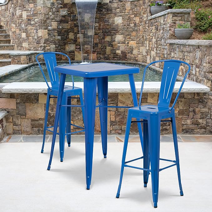 EMMA + OLIVER Commercial Grade 23.75SQ Blue Metal Indoor-Outdoor Bar Table Set-2 Stools-Backs