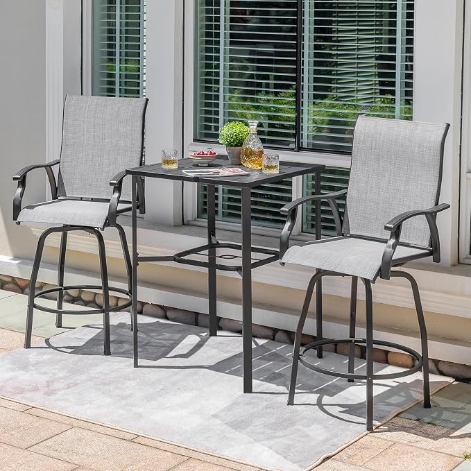NUU GARDEN 3-Piece Outdoor Swivel Bar Set, All-Weather Textilene High Bistro Stools and 28" Square Bar Table with Slatted Top and Umbrella Hole for Patio Garden Backyard Balcony, Gray and Black