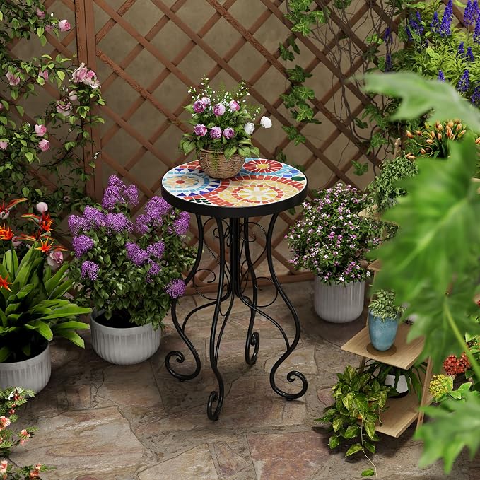 Christopher Knight Home Glady Outdoor Round Side Table, Patio End Table with Ceramic Top and Metal Frame, Small Decorative Accent Table for Patio Garden Porch Balcony, Colorful Gears