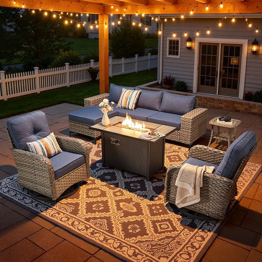 8-Piece Wicker Outdoor Sectional Furniture with Firepit Table, Wide Armrest Patio Couch Set Swivel Rocking Chair Ottoman, Modern Modular Conversation Sets for Backyard Deck Garden, Denim Blue
