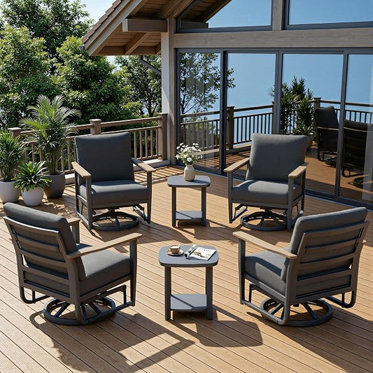 6-Piece Patio Rocking Swivel Chair Outdoor Aluminum Bistro Set with Coffee Table, Outdoor Patio Furniture Set with High Backrest & Thickened Cushions for Garden, Deck and Balcony, Dark Grey