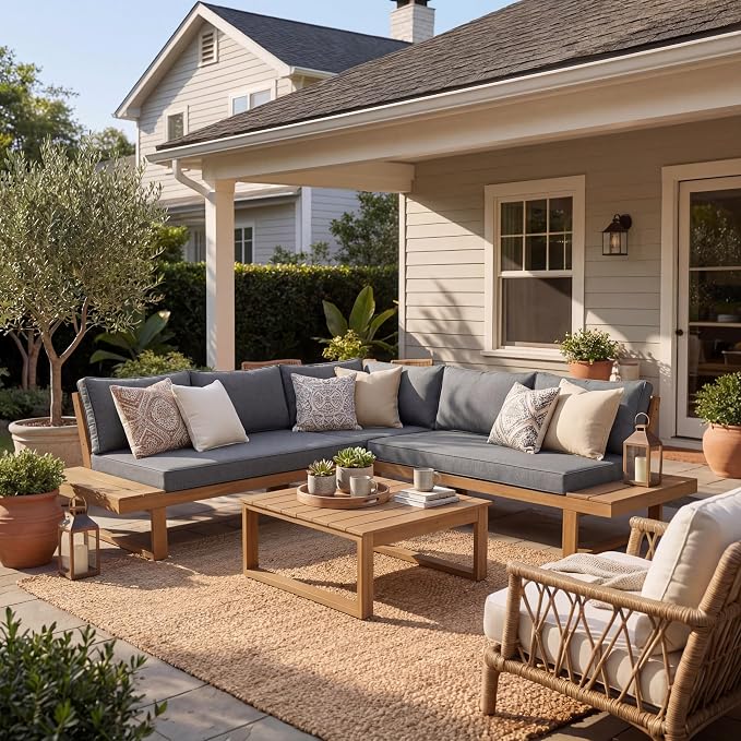 SUNSITT 4 Piece Acacia Wood Patio Furniture with Waterproof Cover, L-Shaped Outdoor Sectional Sofa Set with Coffee Table, FSC Certified Conversation Set with Built-in Side Table & Grey Cushions