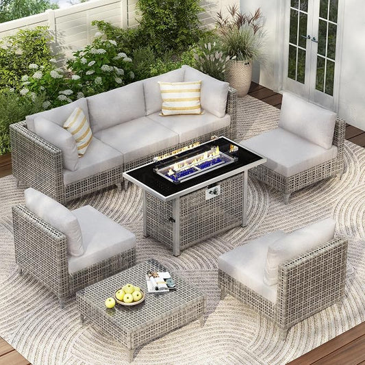VilroCaz 8-Piece Outdoor Patio Furniture Set, Wicker Sectional Sofa wThick Seat Cushions, All-Weather Conversation Sofa Sets with Coffee Table for Outdoor Couch, Porch, Backyard (Grey-8C)