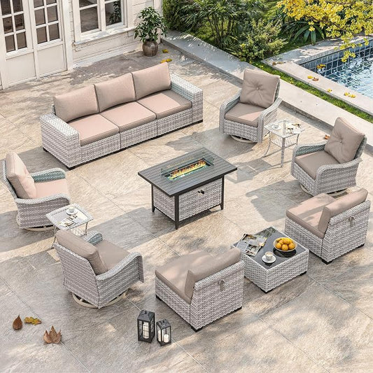 13 Piece Outdoor Wicker Sectional Sofa Set with Swivel Chairs & Fire Pit Table, 9-Seats with 4" Thickened Cushions & Coffee Table, All-Weather PE Rattan for Garden, Backyard, Porch, Beige