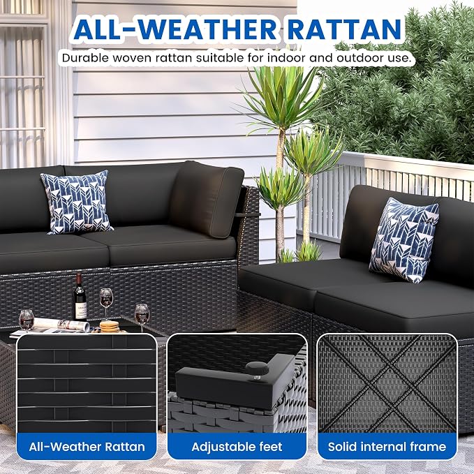 Patio Furniture Sets, 7-Piece Outdoor Patio Furniture with Thick Cushions,Coffee Table Outdoor All-Weather Conversation Set Sectional Sofa for Backyard, Poolside, Garden(Black)