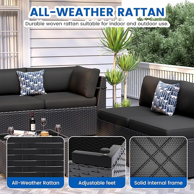 8 Piece Patio Furniture Set with 44” Fire Pit Table All-Weather Wicker Conversation Sectional Sofa & Coffee Table with Thickened Cushions for Backyard, Garden(Black)