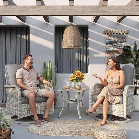 Patio Rocking Swivel Chair Outdoor Wicker Rattan Bistro Set with Tempered Glass Table, Outdoor Patio Furniture Set for Garden, Deck and Balcony, Light Grey